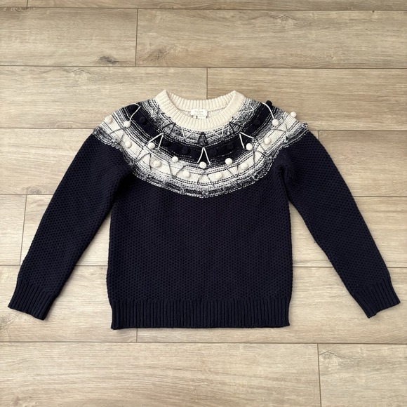 kate spade Sweaters - Kate Spade Wool Sweater Small S Blue White Fair Isle Pom Poms Chunky Knit